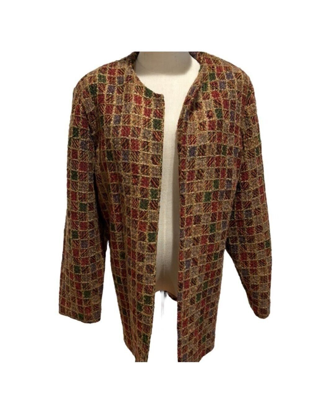90s TWEED OVERSIZED PLAID TWEED OPEN FRONT COLLARLESS BLAZER BROWNSTONE STUDI0